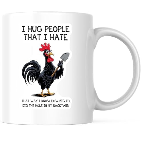 Bliss Monkey Co. Funny Chicken Coffee Mug - I Hug People I Hate Rooster Mug - Sarcastic Saying 11 Ounce Coffee Mug - Design Printed On Both Sides - High Quality Ceramic - BMCM3334