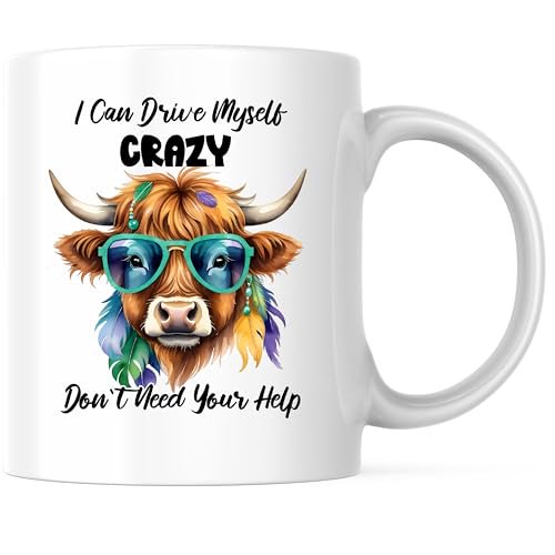 Bliss Monkey Co. Funny Cow Coffee Mug - I Can Drive Myself Crazy - Humorous Animal Design 11 Ounce Coffee Mug - Premium Ceramic - Design Printed On Both Sides - BMCM02933