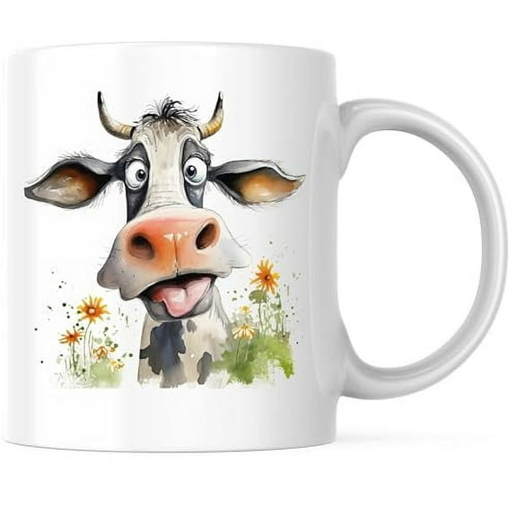 Bliss Monkey Co. Funny Goofy Quirky Cow Mug - Funny Farmyard Cow - Animal Caricature 11 Ounce Coffee Mug - Printed On Both Sides - Microwave & Dishwasher Safe - White Handle & Interior - BMCM00709