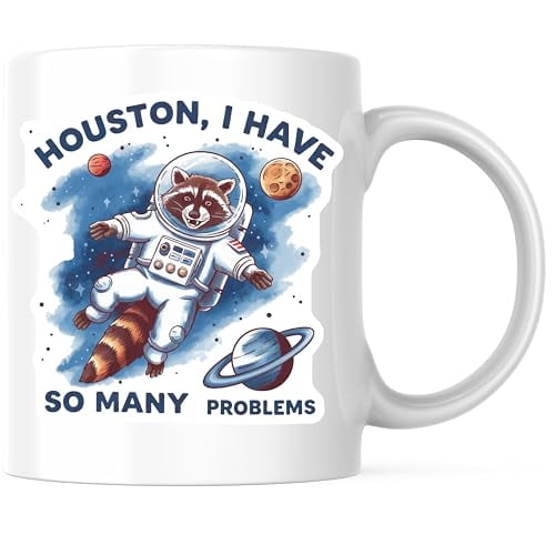 Bliss Monkey Co. Funny Racoon Astronaut Coffee Mug - Space Nerd Joke Coffee Mug 11 Ounce - Houston I Have So Many Problems Mug - Premium Ceramic - Design Printed On Both Sides - BMCM04006