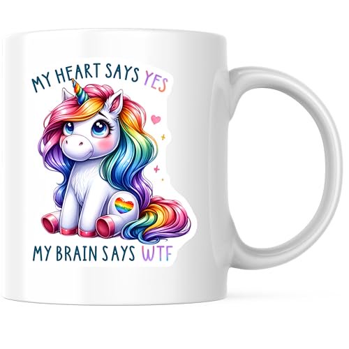 Bliss Monkey Co. Funny Unicorn Coffee Mug - My Heart Says Yes - Sarcastic Wtf Unicorn Mug - Rainbow LGBT Pride - 11 Ounce Coffee Mug - Design Printed On Both Sides - High Quality Ceramic - BMCM3342