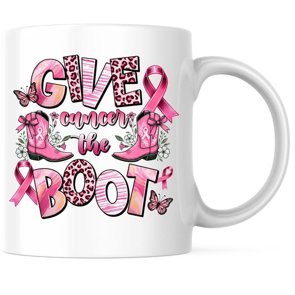 Bliss Monkey Co. Give Cancer The Boot Coffee Mug - Breast Cancer Awareness Coffee Mug - 11 Ounce Coffee Cup - Premium Ceramic - Design Printed On Both Sides - BMCM02434