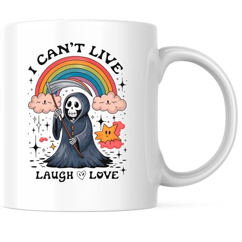 Bliss Monkey Co. Grim Reaper Rainbow Coffee Mug - Quirky Funny Humor Mug - 11 Ounce Ceramic Cup - Premium Ceramic - Design Printed On Both Sides - BMCM03014
