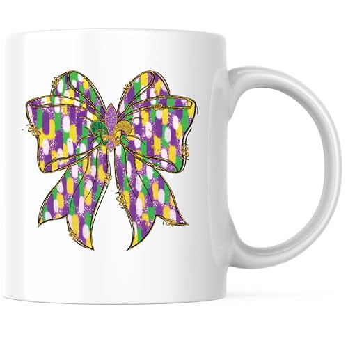 Bliss Monkey Co. Happy Mardi Gras Yall Coffee Mug - Colorful Festive Bow Design - 11 Ounce New Orleans Celebration Cup - Premium Ceramic - Design Printed On Both Sides - BMCM02953