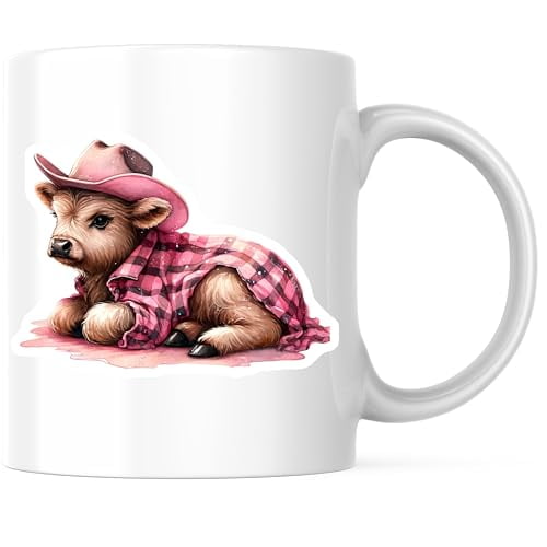 Bliss Monkey Co. Highland Cow Coffee Mug - Pink Cowboy Hat and Shirt - Cute Farm Animal Mug 11 Ounce - Design Printed On Both Sides - High Quality Ceramic - BMCM3609