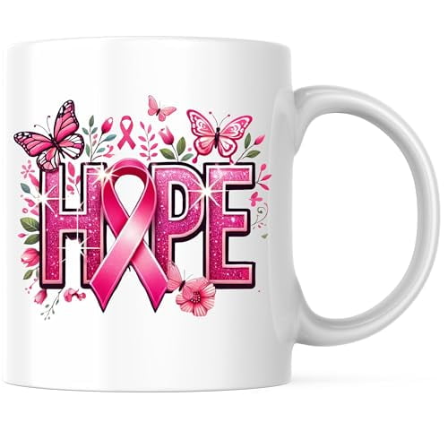Bliss Monkey Co. Hope Pink Ribbon Breast Cancer Awareness Coffee Mug - Pink Ribbon Coffee Mug - 11 Ounce Coffee Cup - Premium Ceramic - Design Printed On Both Sides - BMCM02454