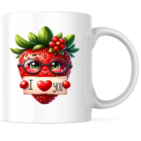 Bliss Monkey Co. I Love You Strawberry Coffee Mug - Cute Berry Punny - 11 Ounce Coffee Mug - Microwave & Dishwasher Safe - White Handle & Interior - Printed On Both Sides - BMCM01066