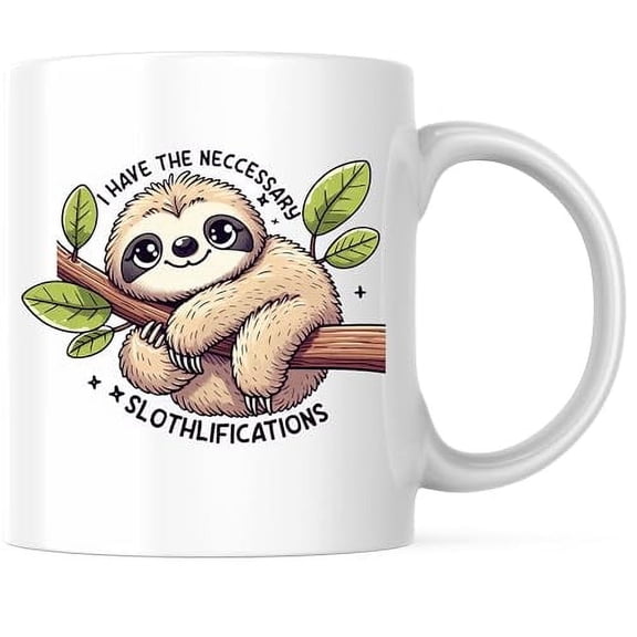 Bliss Monkey Co. I Have The Necessary Slotifications - Punny Funny Sloth Mug - 11 Ounce Coffee Mug - Printed On Both Sides - Microwave & Dishwasher Safe - White Handle & Interior - BMCM00758