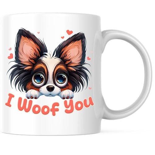 Bliss Monkey Co. I Woof You Papillon Dog Breed Coffee Mug - Papillon Coffee Mug - 11 Ounce Coffee Cup - Premium Ceramic - Design Printed On Both Sides - BMCM02533
