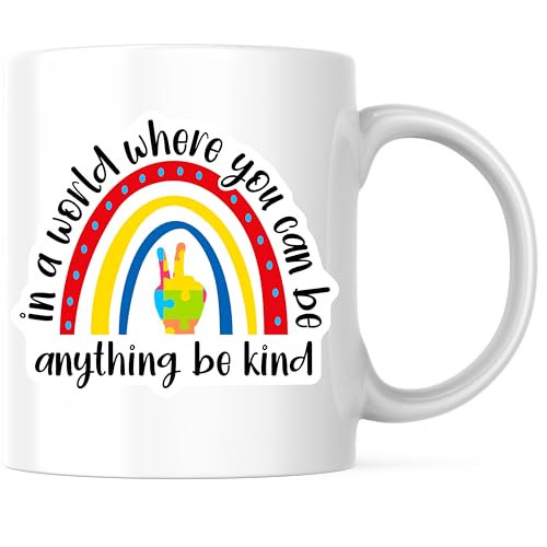 Bliss Monkey Co. Inspirational Quote Coffee Mug - Be Kind Peace Symbol Rainbow Design - Motivational 11 Ounce Coffee Mug - Premium Ceramic - Design Printed On Both Sides - BMCM04274