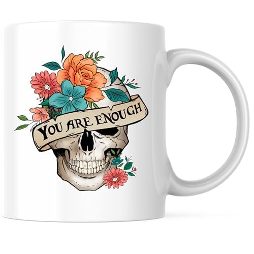 Bliss Monkey Co. Inspirational Skull Coffee Mug - Motivational Floral Coffee Mug - You Are Enough Design - 11 Ounce Ceramic Cup - Premium Ceramic - Design Printed On Both Sides - BMCM03038