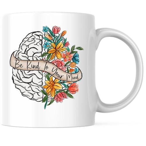 Bliss Monkey Co. Be Kind To Your Mind Coffee Mug - Inspirational Floral Brain Coffee Mug - Motivational 11 Ounce Ceramic Mug - Premium Ceramic - Design Printed On Both Sides - BMCM02850