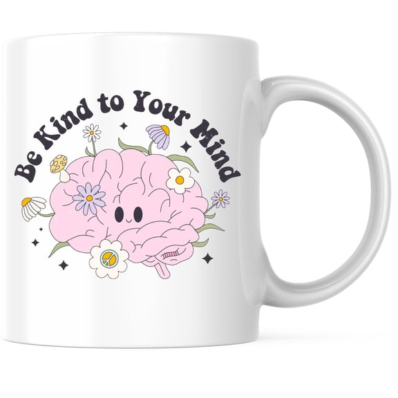 Bliss Monkey Co. Be Kind to Your Mind Coffee Mug - Positive Inspiring - 11 Ounce Coffee Mug - Microwave & Dishwasher Safe - White Handle & Interior - Printed On Both Sides - BMCM01111