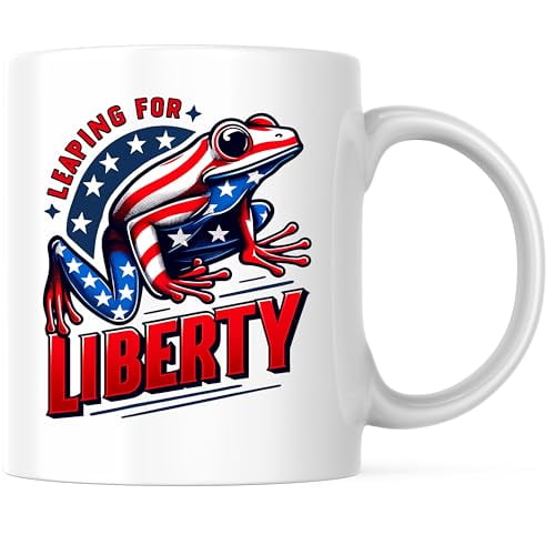 Bliss Monkey Co. Leaping for Liberty Coffee Mug - Patriotic Frog Design - 4th of July Celebration 11 Ounce Coffee Mug - Premium Ceramic - Design Printed On Both Sides - BMCM02713
