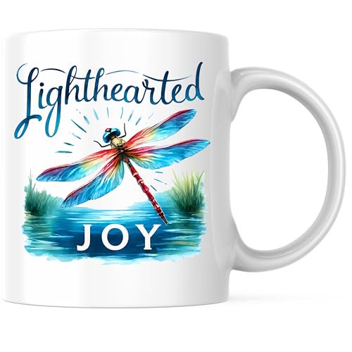 Bliss Monkey Co. Lighthearted Joy Coffee Mug - Dragonfly Design - Inspirational Morning Mug - 11 Ounce Ceramic Cup - Premium Ceramic - Design Printed On Both Sides - BMCM02687