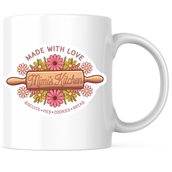 Bliss Monkey Co. Made With Love Mimirs Kitchen Coffee Mug - Biscuits Pies Cookies Bread Ceramic Mug - Flower Design 11 Ounce Cup - Premium Ceramic - Design Printed On Both Sides - BMCM03649