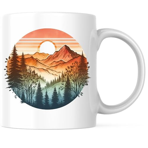 Bliss Monkey Co. Mountains With Sunset Coffee Mug - Outdoorsman Nature Hiking Coffee Mug - 11 Ounce Coffee Cup - Premium Ceramic - Design Printed On Both Sides - BMCM02285