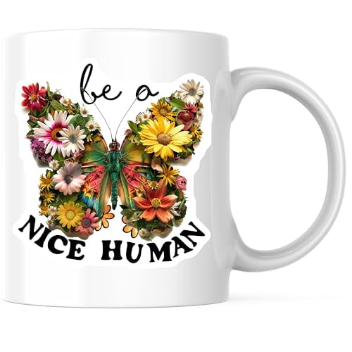 Bliss Monkey Co. Be A Nice Human Butterfly Coffee Mug - Positive Inspirational Ceramic Coffee Cup - 11 Ounce Floral Design Mug - Premium Ceramic - Design Printed On Both Sides - BMCM04332