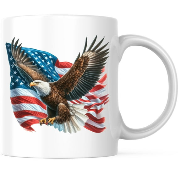 Bliss Monkey Co. Patriotic Bald Eagle Waving USA American Flag Coffee Mug - US Pride - 11 Ounce Coffee Mug - Design Printed On Both Sides - Glossy Ceramic - Microwave & Dishwasher Safe - BMCM01368