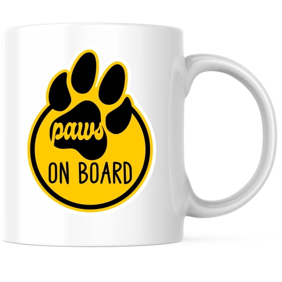 Bliss Monkey Co. Paws On Board Coffee Mug - Dog In Car - Fur Baby On Board - 11 Ounce Coffee Mug - Microwave & Dishwasher Safe - White Handle & Interior - Printed On Both Sides - BMCM01122