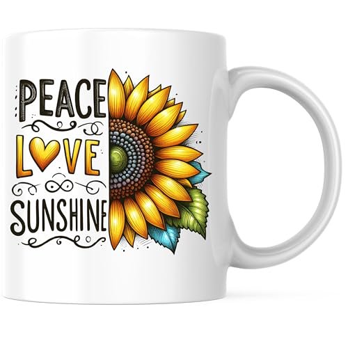 Bliss Monkey Co. Peace Love Sunshine Coffee Mug - Inspirational Sunflower Mug - Positive Vibes 11 Ounce Ceramic Mug - Premium Ceramic - Design Printed On Both Sides - BMCM02905