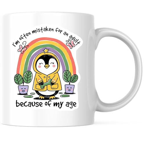 Bliss Monkey Co. Penguin Coffee Mug - Mistaken for Adult Rainbow Mug - Cute Penguin 11 Ounce Coffee Mug - Design Printed On Both Sides - High Quality Ceramic - BMCM3306