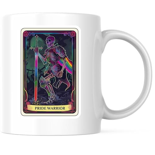 Bliss Monkey Co. Pride Warrior Coffee Mug - Skeleton Warrior Rainbow Sword - Tarot Card Design 11 Ounce Coffee Mug - Premium Ceramic - Design Printed On Both Sides - BMCM04250