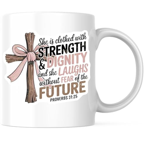 Bliss Monkey Co. Proverbs 31 25 Coffee Mug - Strength Dignity Future - Inspirational Christian Gift 11 Ounce Mug - Design Printed On Both Sides - High Quality Ceramic - BMCM3434