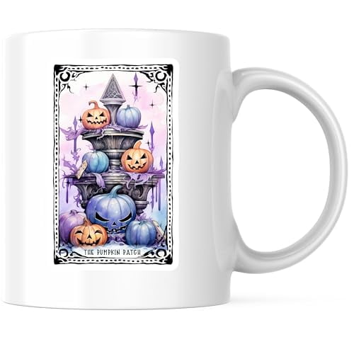 Bliss Monkey Co. Pumpkin Patch Tarot Coffee Mug - Halloween Jack O Lantern Mug - Spooky Season Mug 11 Ounce Coffee Mug - Design Printed On Both Sides - High Quality Ceramic - BMCM3591