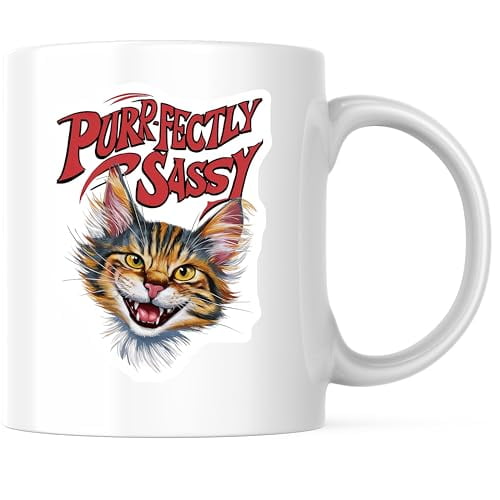 Bliss Monkey Co. Purr-Fectly Sassy Coffee Mug - Funny Cat Lover Mug - Cat Face Design 11 Ounce Coffee Mug - Premium Ceramic - Design Printed On Both Sides - BMCM03957