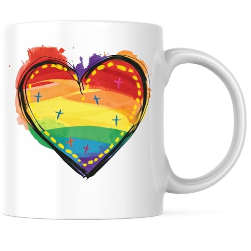 Bliss Monkey Co. Rainbow Heart Inclusive Rainbow Coffee Mug - Rainbow Heart LGBTQ Friendly Coffee Mug - 11 Ounce Coffee Cup - Premium Ceramic - Design Printed On Both Sides - BMCM02280