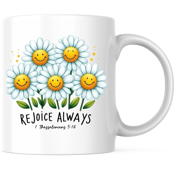Bliss Monkey Co. Rejoice Always Coffee Mug - Inspirational Quote Mug - Floral Happy Face Flowers Mug - 11 Ounce Coffee Cup - Premium Ceramic - Design Printed On Both Sides - BMCM02829
