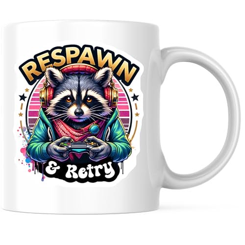 Bliss Monkey Co. Respawn And Retry Coffee Mug - Gaming Raccoon Design - Premium Ceramic - Design Printed On Both Sides - BMCM04543