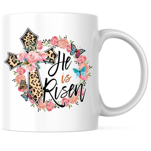 Bliss Monkey Co. He Is Risen Leopard Cross Coffee Mug - Floral Butterfly Christian Faith Mug - 11 Ounce Inspirational Cup - Premium Ceramic - Design Printed On Both Sides - BMCM03031