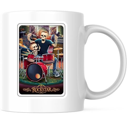 Bliss Monkey Co. Rockstar Drumming Skeletons Coffee Mug - Funny Music Lovers Mug - Spooky Drummer 11 Ounce Coffee Mug - Premium Ceramic - Design Printed On Both Sides - BMCM04486