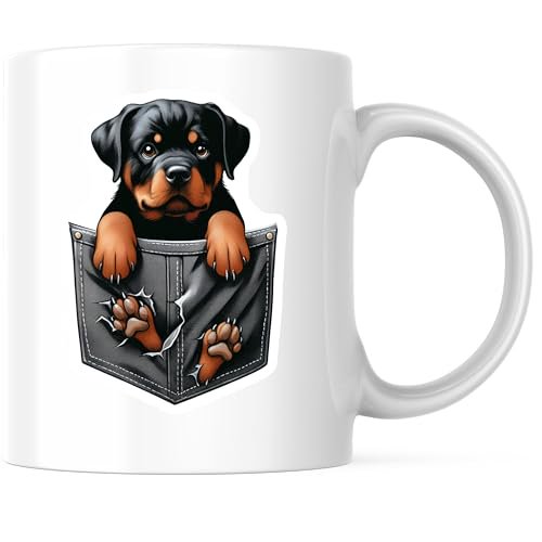 Bliss Monkey Co. Rottweiler Puppy Pocket Coffee Mug - Cute Dog Lover Coffee Mug - Funny Animal Themed 11 Ounce Ceramic Cup - Premium Ceramic - Design Printed On Both Sides - BMCM04379