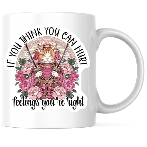 Bliss Monkey Co. Samurai Cat Coffee Mug - If You Think You Can Hurt Feelings Coffee Mug - Funny Animal Design 11 Ounce Coffee Mug - Premium Ceramic - Design Printed On Both Sides - BMCM04358