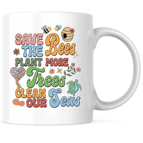 Bliss Monkey Co. Save the Bees Coffee Mug - Plant More Trees - Clean Our Seas 11 Ounce Coffee Mug - Inspirational Eco-Friendly Mug - Premium Ceramic - Design Printed On Both Sides - BMCM03046