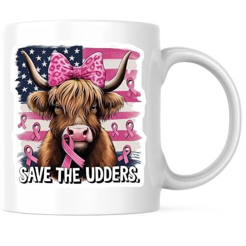 Bliss Monkey Co. Save The Udders Coffee Mug - 11 Ounce Cow Lover Coffee Cup - Pink Ribbon Awareness Mug For Coffee or Tea - Premium Ceramic - Design Printed On Both Sides - BMCM03981