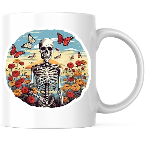 Bliss Monkey Co. Skeleton Art Coffee Mug - Skull and Butterflies Design - Colorful Floral 11 Ounce Coffee Mug - Premium Ceramic - Design Printed On Both Sides - BMCM04246