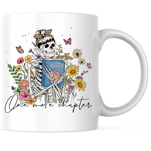 Bliss Monkey Co. Skeleton Reading Coffee Mug - Love Yourself Floral Design - One More Chapter 11 Ounce Coffee Mug - Premium Ceramic - Design Printed On Both Sides - BMCM03037