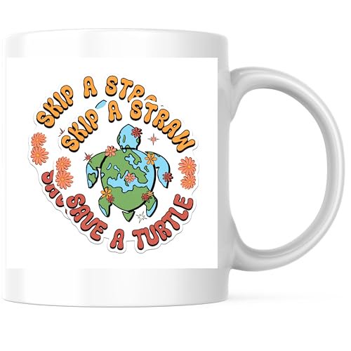 Bliss Monkey Co. Skip a Straw Coffee Mug - Save a Turtle Mug - Eco-Friendly Design 11 Ounce Coffee Cup - Premium Ceramic - Design Printed On Both Sides - BMCM03047
