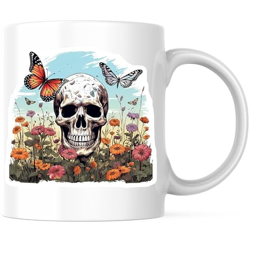 Bliss Monkey Co. Skull and Butterfly Coffee Mug - Artistic Floral Skull Mug - Bold Statement 11 Ounce Coffee Mug - Premium Ceramic - Design Printed On Both Sides - BMCM04239