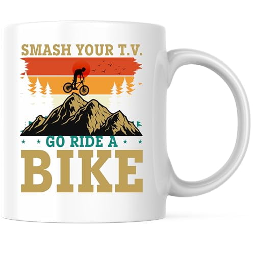 Bliss Monkey Co. Smash Your T.V. Go Ride A Bike Coffee Mug - Mountain Biker Bike Rider Coffee Mug - 11 Ounce Coffee Cup - Premium Ceramic - Design Printed On Both Sides - BMCM02367
