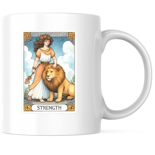 Bliss Monkey Co. Strength Lion Tarot Card Coffee Mug - Spiritual Mystical Metaphysical Coffee Mug - 11 Ounce Coffee Cup - Premium Ceramic - Design Printed On Both Sides - BMCM02262