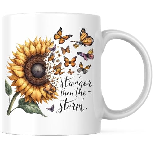 Bliss Monkey Co. Stronger Than The Storm Coffee Mug - Sunflower Butterfly Design - 11 Ounce Coffee Cup - Premium Ceramic - Design Printed On Both Sides - BMCM02903