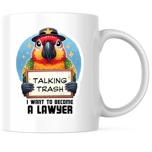 Bliss Monkey Co. Talking Trash Coffee Mug - Colorful Parrot Mug - Funny I Want to Become a Lawyer Mug - 11 Ounce Coffee Cup - Premium Ceramic - Design Printed On Both Sides - BMCM03730