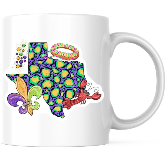 Bliss Monkey Co. Texas Mardi Gras Coffee Mug - Cajun Crawfish King Cake Cup - Colorful Leopard Print 11 Ounce Mug - Premium Ceramic - Design Printed On Both Sides - BMCM04138