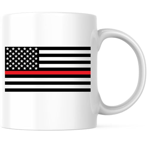 Bliss Monkey Co. Thin Red Line Flag Mug - Firefighters Support Mug - Fireman Mug - 11 Ounce Coffee Mug - Printed On Both Sides - Microwave & Dishwasher Safe - White Handle & Interior - BMCM00705