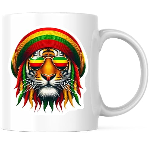 Bliss Monkey Co. Tiger with Rasta Hat Coffee Mug - Cool Tiger Design Mug - Rasta Sunglasses 11 Ounce Coffee Cup - Premium Ceramic - Design Printed On Both Sides - BMCM04384
